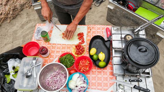 a person sitting at a table with plates of food